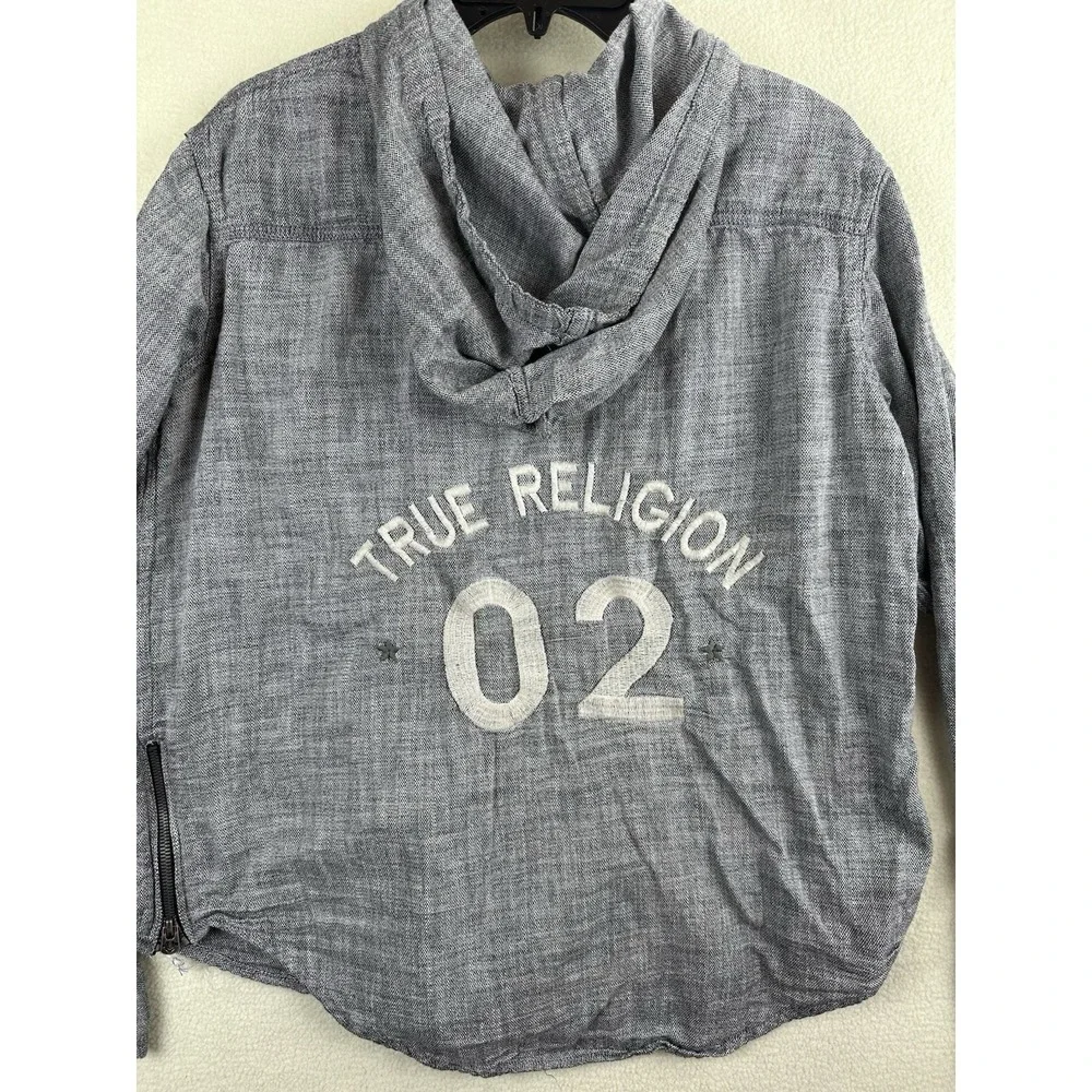 True Religio Hooded Button Down Shirt Mens Large Gray Long Sleeve Side Zip